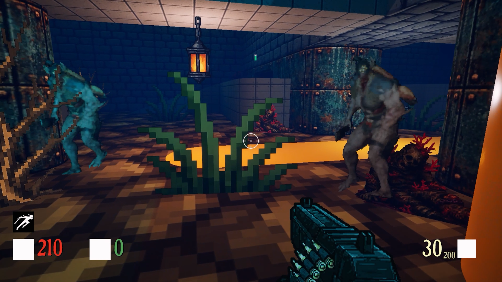 Screenshot from Pelagos: Depths of Decay. There is a large weapon model at the bottom of the screen in this boomer-shooter FPS game. The background is colourful, with a orange sandy floor with seaweed poking out from it, and a deep blue hue in the background signifying the underwater setting.