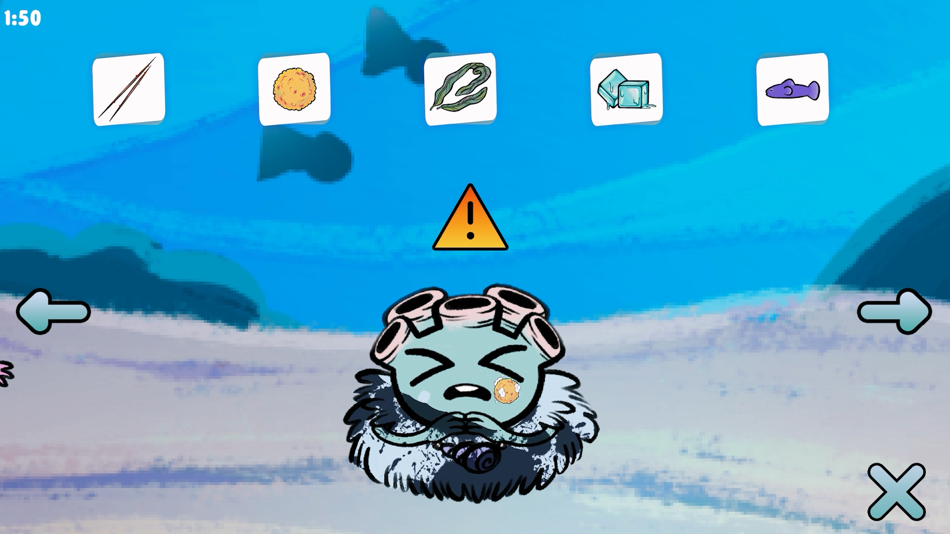 Screenshot from Reef Relief. An upset character based on a reef is in the centre of the image with an orange warning sign above it. There are clickable options on the top of the image for various actions that can be taken.