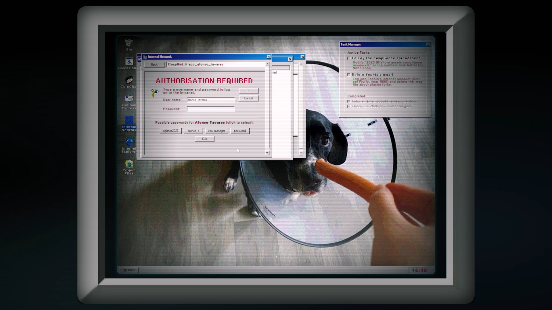 Screenshot from the game White Coral Crime. It contains a render of a PC screen with operating-system-style images on it. There is a background of a friendly dog, and in the foreground a internal network app with the large red letter AUTHORISATION REQUIRED, with a username and password beneath.