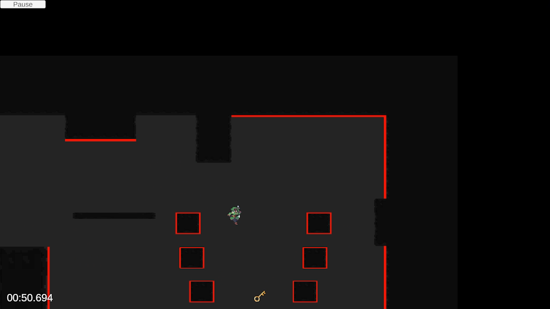 Screenshot from the game Overload. This 2D pixel art puzzle platformer has a simple design with many platforms with bright red outlines. A small player character is near the centre of the image, and appears to be falling down between a series of blocks towards a pixelated key hanging in midair.