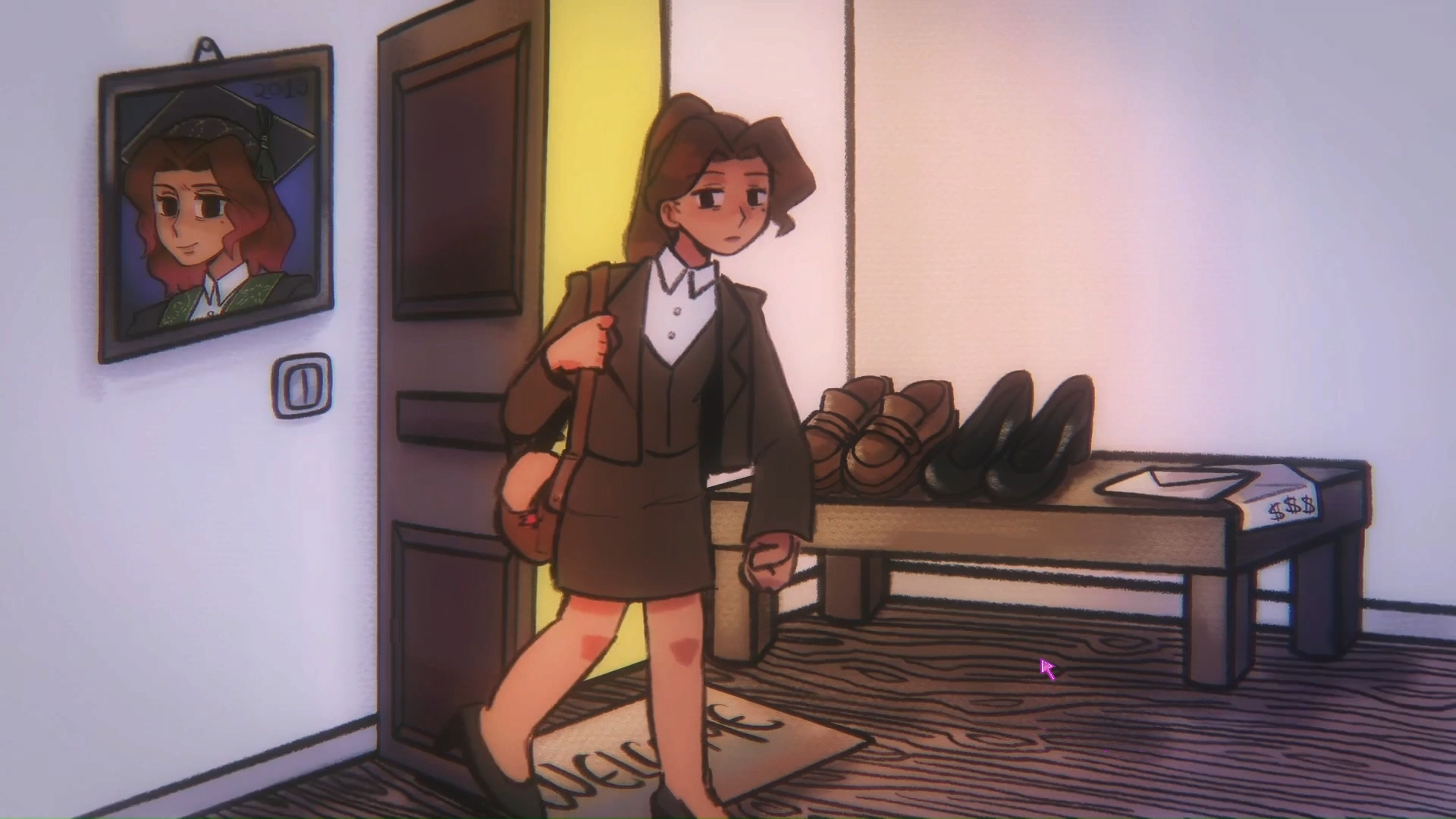 Screenshot from Kenopsia. This digital drawing has a female protagonist walking through the front door to her home wearing business clothes and a brown leather bag. There is a smiling graduation picture framed on the wall, but the character looks upset or sad in person.