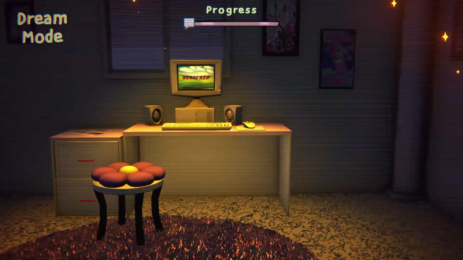 Screenshot from gameplay of Kenopsia: a game by Dalia. An old PC is on a desk in a room decorated in nostalgic posters. There is a flowery seat in front of it. There is game UI on the outside of the image.