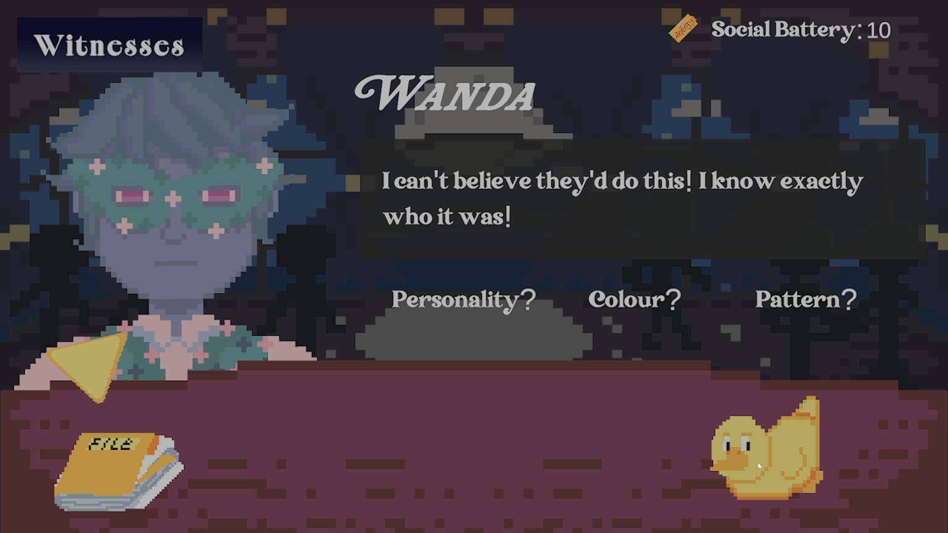 Screenshot from Masquerade 3: Mask Edition. This pixel art detective game has a witness dressed as a masked waiter on the left hand side, with game UI featuring questions to ask and their response on the right. The table at the bottom of the screen has clickable objects on it.