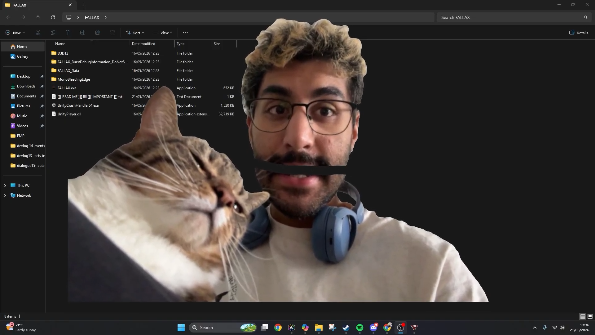 Screenshot from a video. The background is a screen capture from a Windows operating system, showing the file explorer with files within it. In the foreground is an image, appearing to be from an animated PNGtuber, of the speaker and his cat.